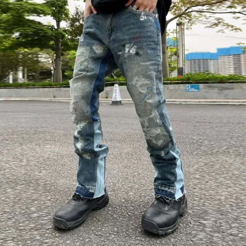 - Size upper body P300💰GA02 Top heavy industry GALLERY DEPT. Spliced ​​ink splash paint hand-stitched holes washed retro jeans men and women high street splash ink pants micro-flared casual trousers trendy couple same style Size: 28 30 32 34 36 (corresponding to S M L XL XXL)